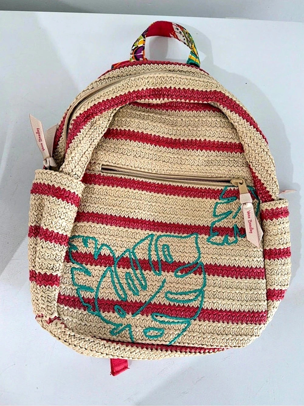 Vera Bradley Mini Straw Backpack hot pink & beige